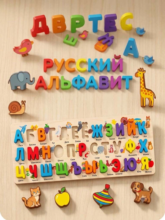 "Rus alifbosi" yog‘och saralagich, mayda motorikani rivojlantirish, 33 ta harf, - 