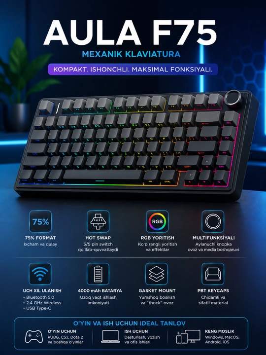 Механическая клавиатура AULA F75, быстросменная клавиатура Bluetooth/2.4 ГГц/USB-C - 