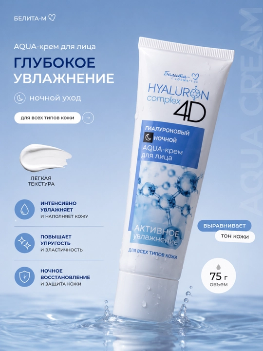 AQUA-крем для лица HYALURON complex 4D, для всех типов кожи, ночной, 75 г, Белита-М - 