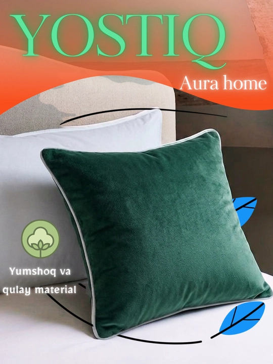 45×45 velurdan tayyorlangan Aura dekorativ yostig‘i - oq hoshiyali yashil rangda, 2 dona - 