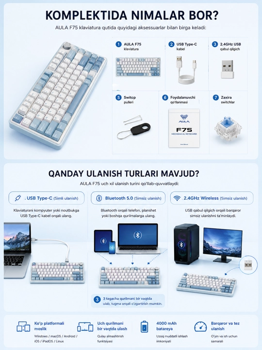 AULA F75 simsiz mexanik o‘yin klaviaturasi, 2,4 GGs/Type-C/BT5.0