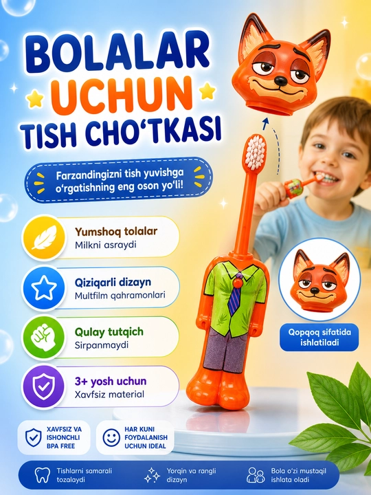 Qiziqarli dizayndagi bolalar tish cho‘tkasi, 3+ - 
