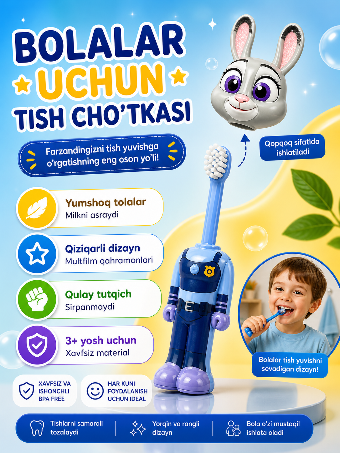 Qiziqarli dizayndagi bolalar tish cho‘tkasi, 3+ - 