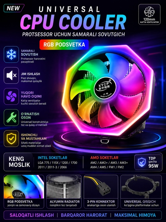 Универсальный процессорный кулер, RGB-кулер для Intel и AMD - 