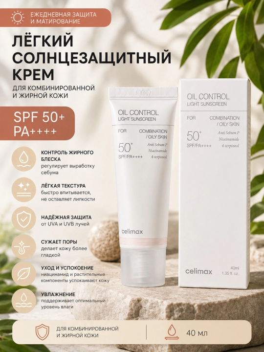 Yog‘li va aralash teri uchun SPF50+ quyoshdan himoya qiluvchi matlashtiruvchi krem - 