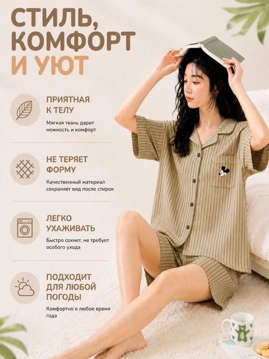 Ayollar yozgi pijamasi, komplekt, paxta, ko‘ylak va shorti, 9 tur, M-XL