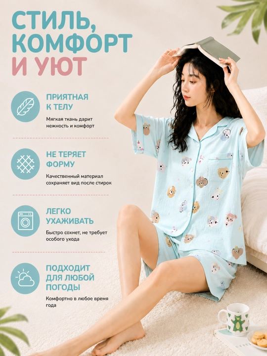 Ayollar yozgi pijamasi, komplekt, paxta, ko‘ylak va shorti, 9 tur, M-XL
