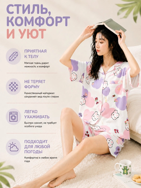 Ayollar yozgi pijamasi, komplekt, paxta, ko‘ylak va shorti, 9 tur, M-XL