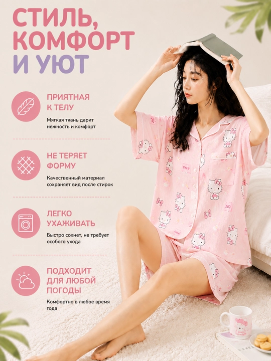 Ayollar yozgi pijamasi, komplekt, paxta, ko‘ylak va shorti, 9 tur, M-XL
