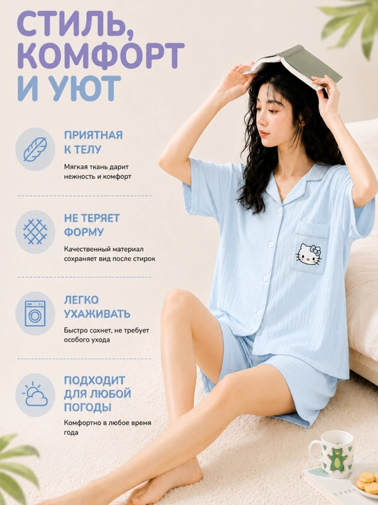 Ayollar yozgi pijamasi, komplekt, paxta, ko‘ylak va shorti, 9 tur, M-XL