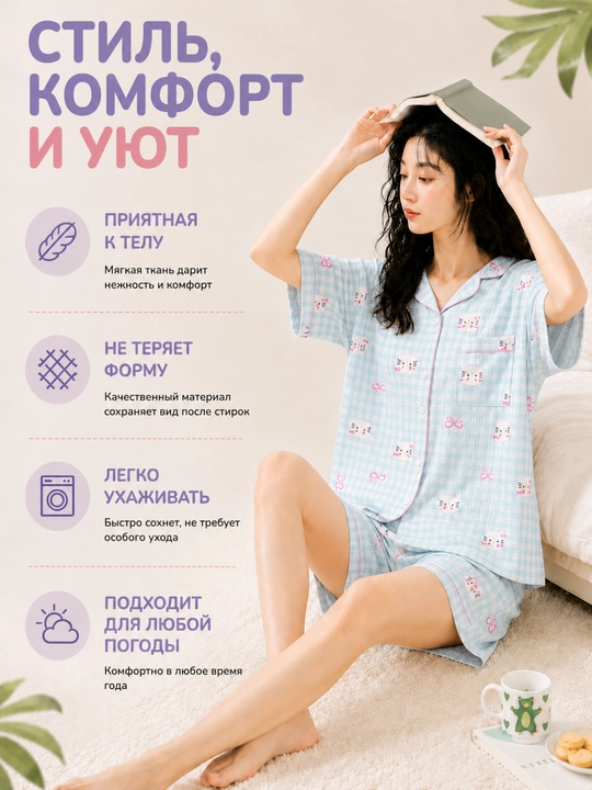 Ayollar yozgi pijamasi, komplekt, paxta, ko‘ylak va shorti, 9 tur, M-XL