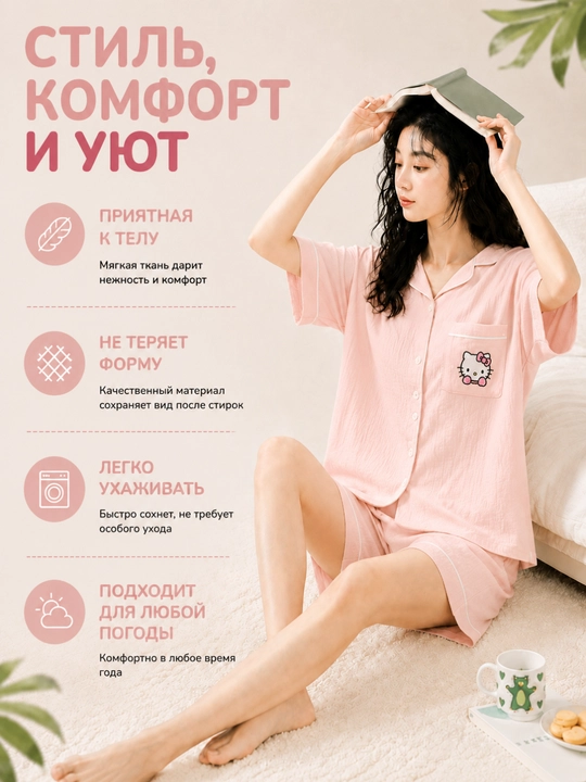 Ayollar yozgi pijamasi, komplekt, paxta, ko‘ylak va shorti, 9 tur, M-XL