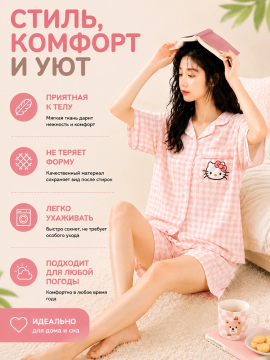Ayollar yozgi pijamasi, komplekt, paxta, ko‘ylak va shorti, 9 tur, M-XL