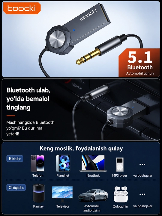 Toocki Bluetooth AUX audio adapter avtomobil uchun - 