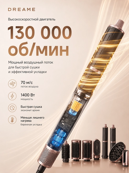 Dreame AirStyle Pro HI stayleri: 1400Vt, 130k ayl/min,8 nasadka,290g,har xil sochlar uchun