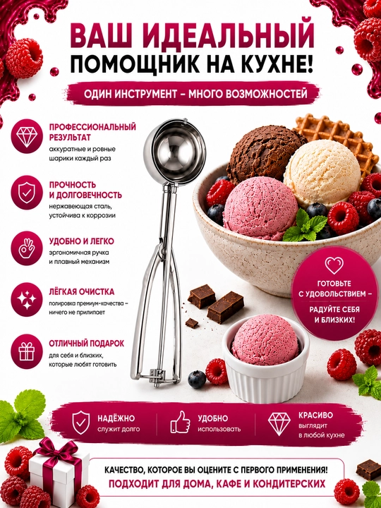 Ложка для мороженого для шариков с выталкивателем, нуазетка для шариков, нержавеющая сталь