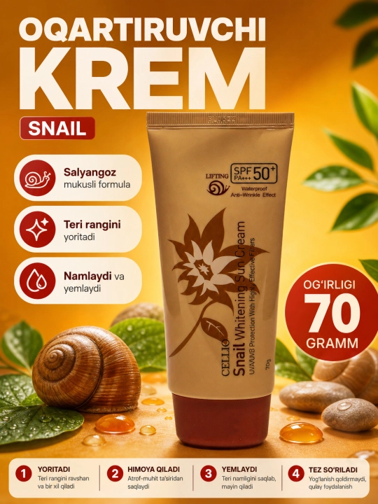 Quyoshdan himoyalovchi krem, CELLIO, Kollagen, Snail, Hyaluron, Green tea, SPF/PA50+++, 70