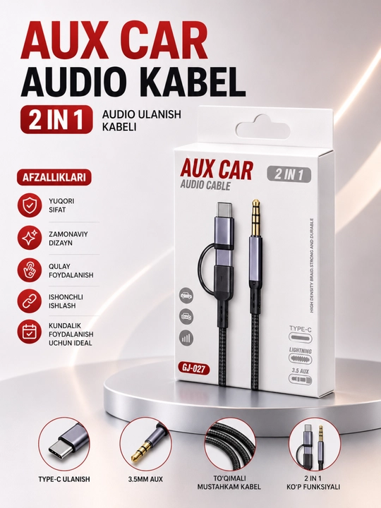 Hi-Fi ovozli va ishonchli ulanish imkoniyatiga ega avtomobil uchun 3,5 mm li AUX kabeli - Type-C 2 ta 1 da - 
