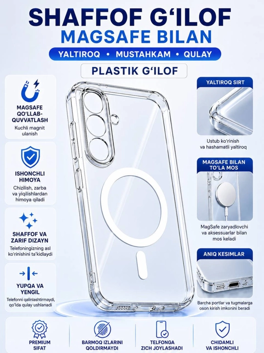 Samsung uchun MagSafe shaffof plastik g‘ilof A16, A17, A57, A56, A55, A36, A07, A26, S26 - 
