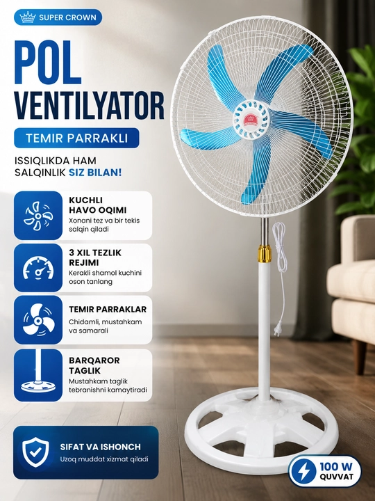 Pol ventilyatori 3 ta 1 da 5 ta alyuminiy parrakli, 3 ta o‘rnatish usuli, 3 ta rejim - 
