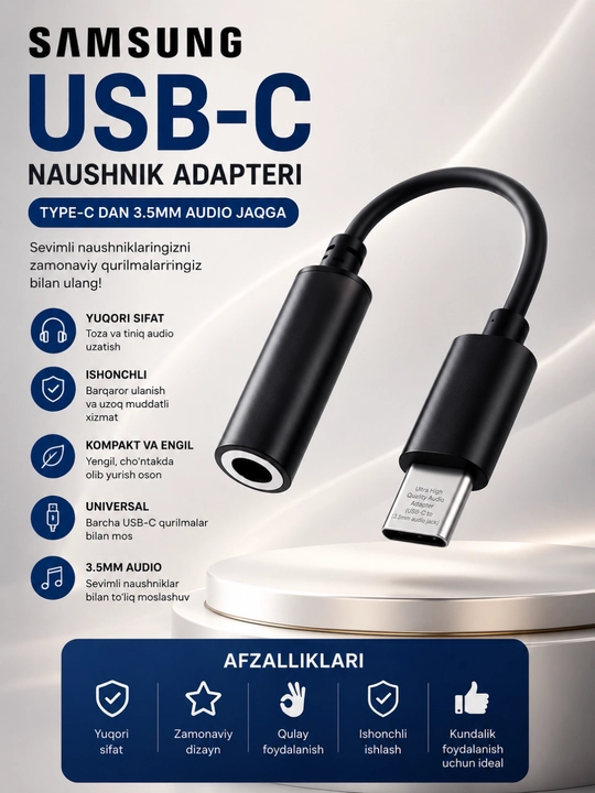 Samsung USB Type-C dan 3.5mm Audio Adapteri – Hi-Fi Ovoz va Barqaror Ulanish - 