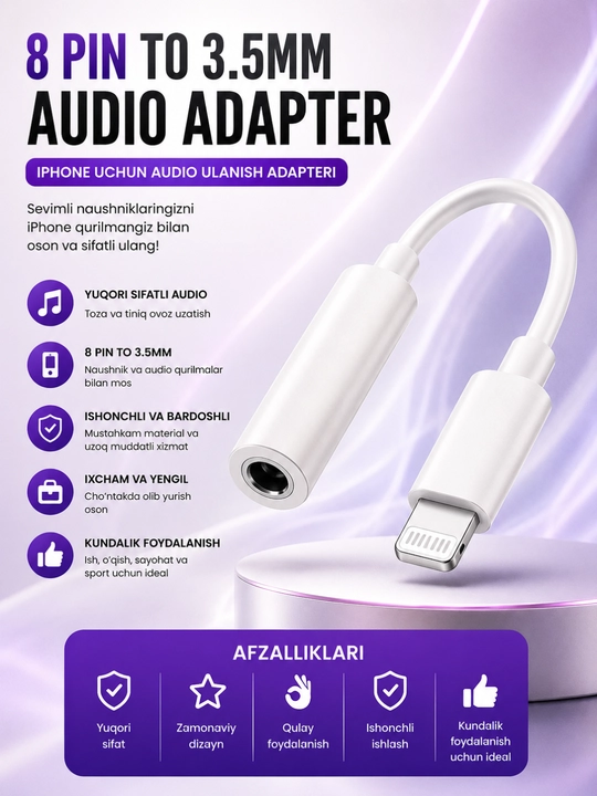 IPhone 8 Pin dan 3.5 mm Audio Adapteri – Tiniq Ovoz va Barqaror Ulanish Kabeli - 