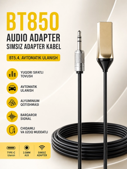 Avtomobil va uy audio tizimi uchun BT850 Bluetooth AUX 3.5 mm audio adapteri - 
