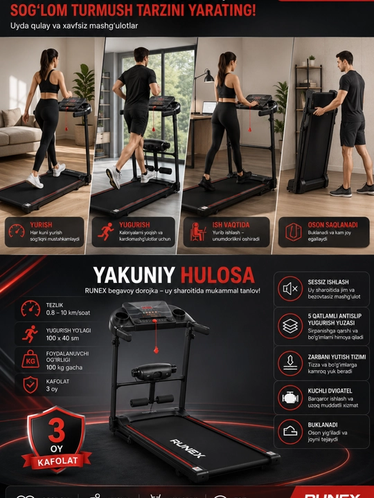 Begavoy darojka elektr 0–8 km/soat, uy uchun yugurish yo‘lagi, 150 kg, buklanadigan