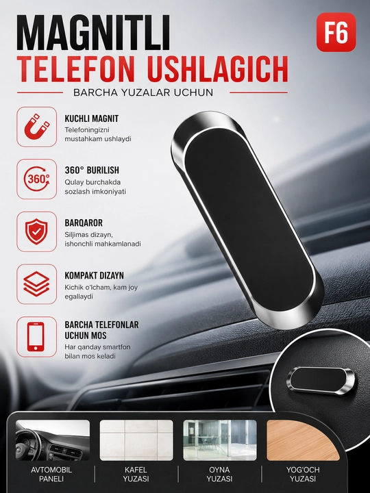 Magnitli telefon ushlagich F6, universal holder, kuchli magnit, avtomobil va uy uchun - 
