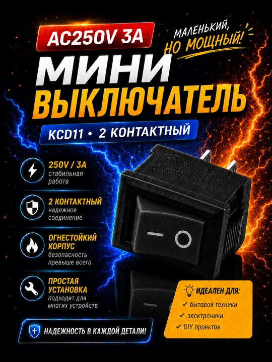 Mini o‘chirgich, AC250V-3A, 2 kontaktli, KCD11 - 