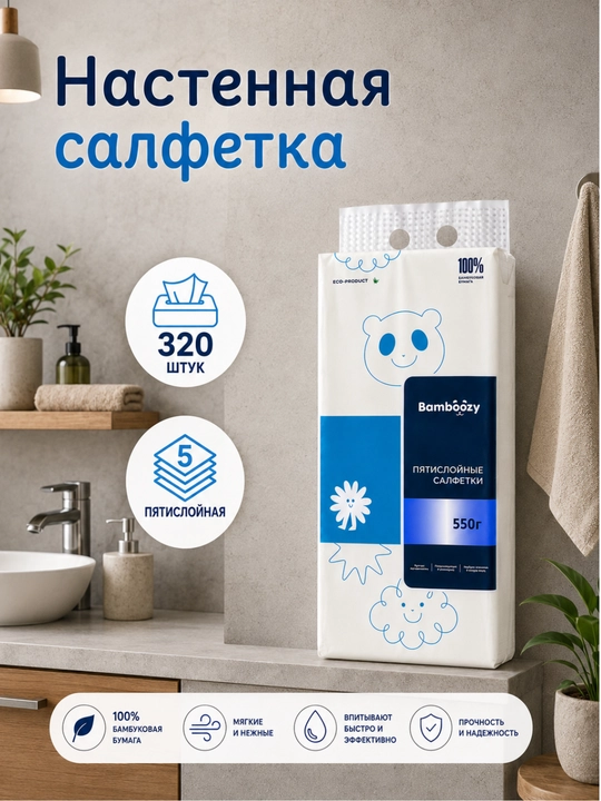 Бамбуковые салфетки Bamboozy, 5 слоев, мягкие и прочные, 550 г - 