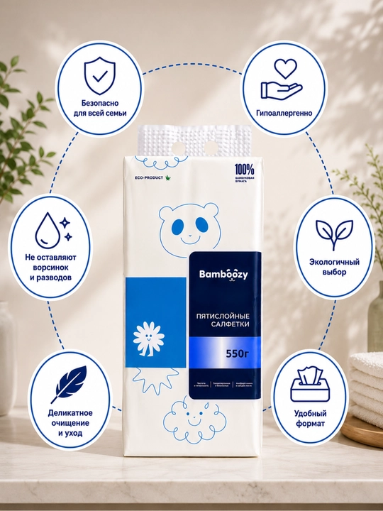Бамбуковые салфетки Bamboozy, 5 слоев, мягкие и прочные, 550 г