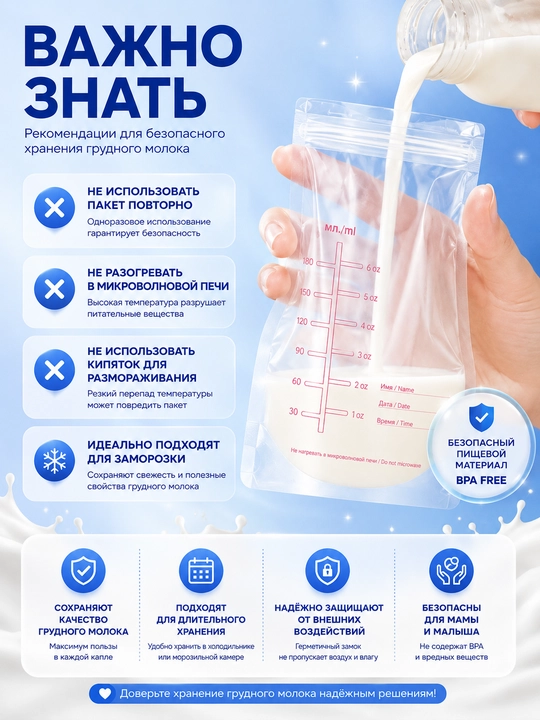 Пакеты для хранения грудного молока, 30 штук, стерильные, для заморозки