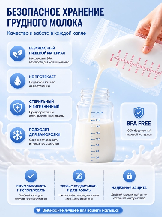 Пакеты для хранения грудного молока, 30 штук, стерильные, для заморозки
