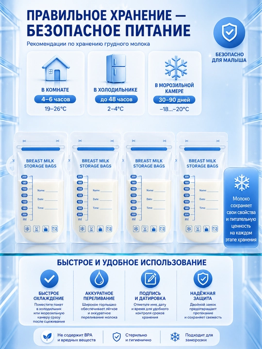 Пакеты для хранения грудного молока, 30 штук, стерильные, для заморозки