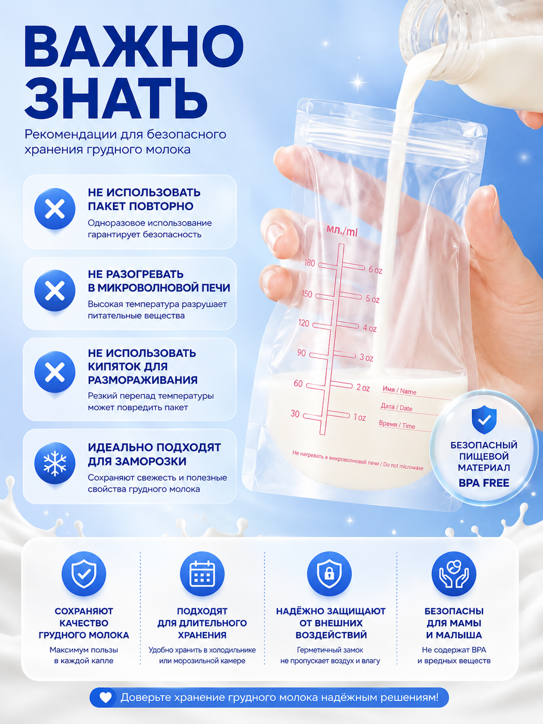 Пакеты для хранения грудного молока, 30 штук, стерильные, для заморозки