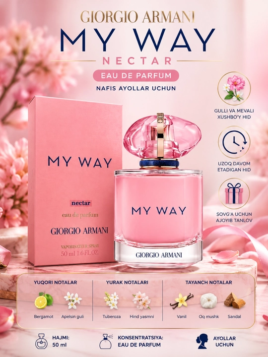 Giorgio Armani My Way Nectar Ayollar uchun barqaror parfyum, yozgi, shleyfli ifor - 