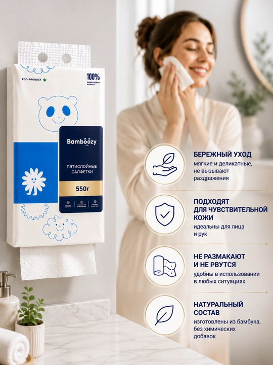 Bambuk salfetka, devor salfetkasi, 320 dona, 5 qatlam, Bambóozy, qog'oz salfetka