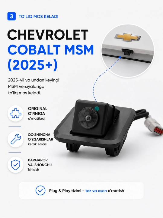 Chevrolet Cobalt MSM 2025+ uchun 2K orqa ko'rinish kamerasi, monitor uchun orqa kamera
