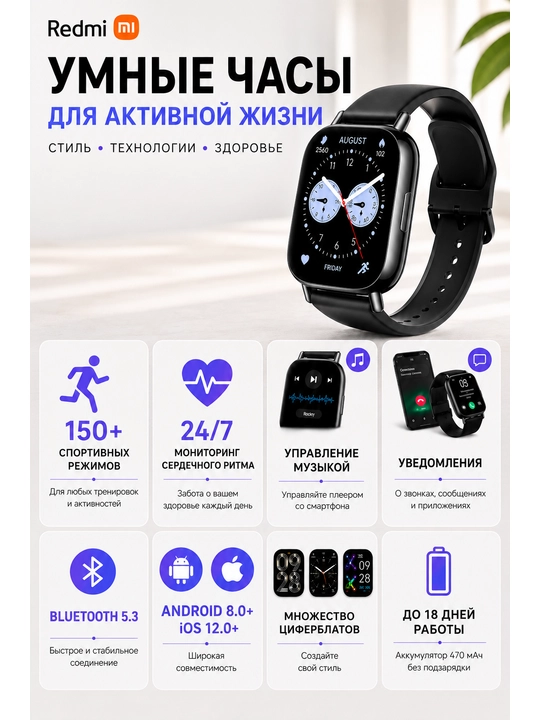Фитнес-браслет Redmi Watch 5 Lite, 1,96" AMOLED дисплей, 470 mAh, Bluetooth 5.3