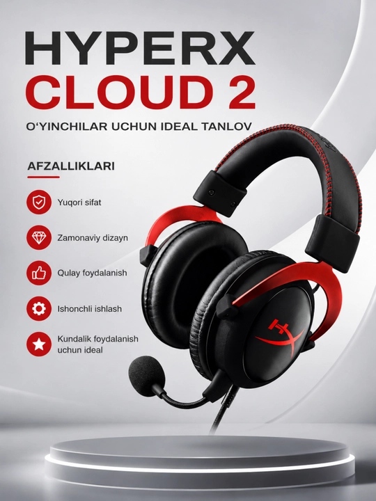 HyperX Cloud II Gaming Naushniki Mikrofonli Stereo Kompyuter va Konsol Uchun - 
