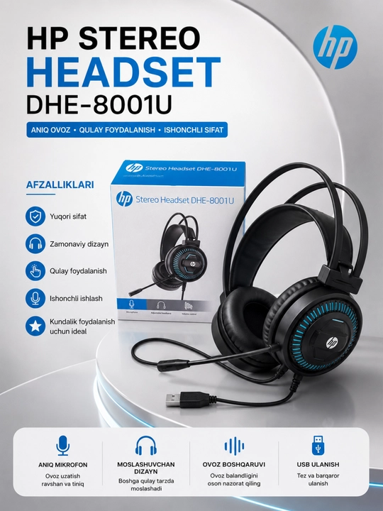 Hp stereo headset dhe-8001u usb mikrofonli quloqchin kompyuter va noutbuk uchun qora - 