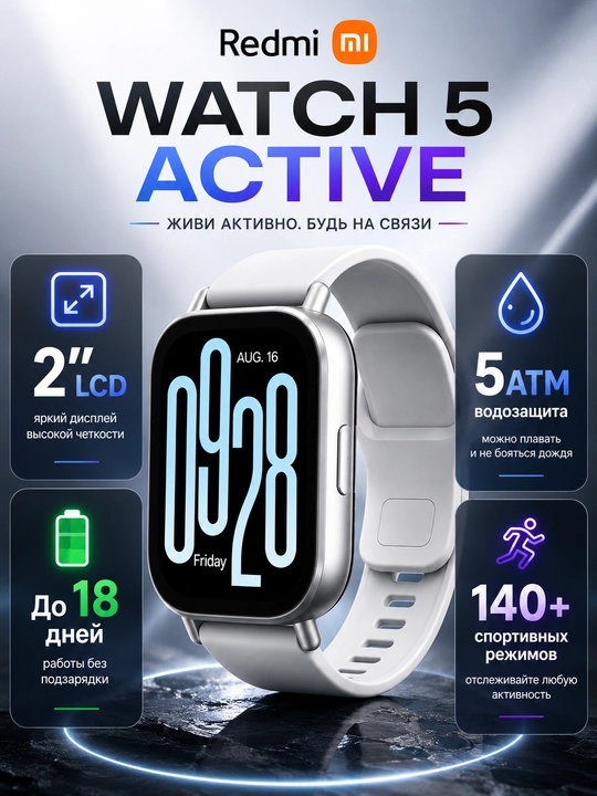 Фитнес браслет Redmi Watch 5 Active, 2" LCD дисплей, 470 мА / ч, Bluetooth 5.3 - 