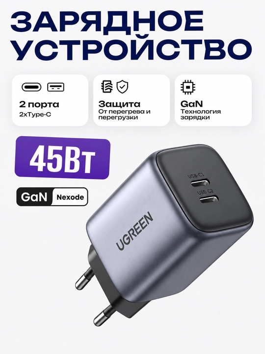 Сетевое зарядное устройство UGREEN CD294 45Вт 2xUSB-C GaN - 