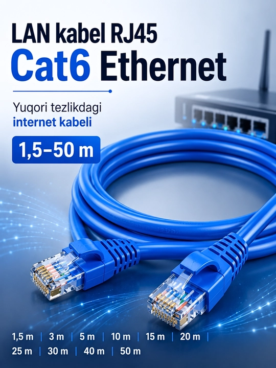 LAN kabel RJ45 Cat6 Ethernet 1,5–50 m — yuqori tezlikdagi internet kabeli - 