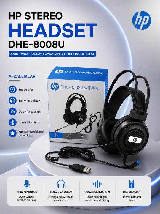 HP Stereo Headset DHE-8008U USB Mikrofonli Simli Quloqchin, Kompyuter va Noutbuk uchun - 