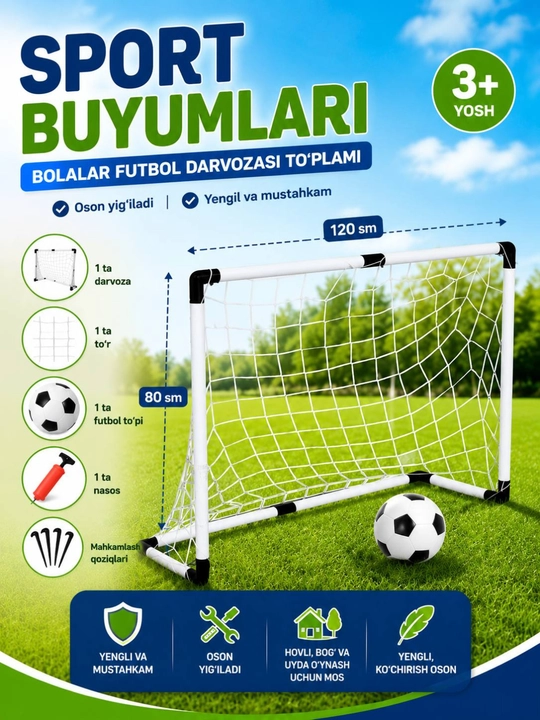Bolalar uchun futbol darvozasi, 3 xil o'lcham, nasos+ko'ptok - 