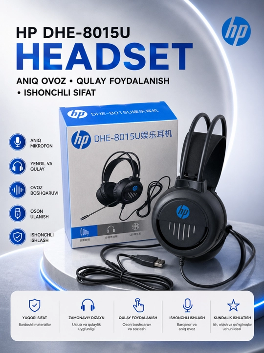Hp dhe-8015u usb mikrofonli simli stereo quloqchin, kompyuter va noutbuk uchun qora - 