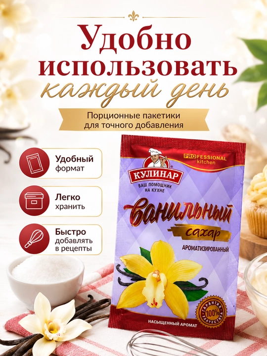 Ванильный сахар Кулинар ароматизированный для выпечки и десертов, 15 г × 5 шт