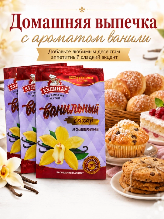 Ванильный сахар Кулинар ароматизированный для выпечки и десертов, 15 г × 5 шт